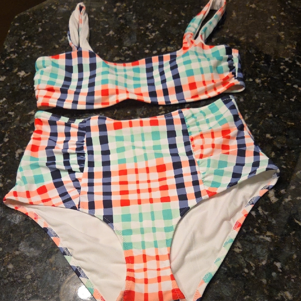 AERIE WOMENS Plaid Two-Piece High-Waist Swim Set - Coral, Aqua & Navy